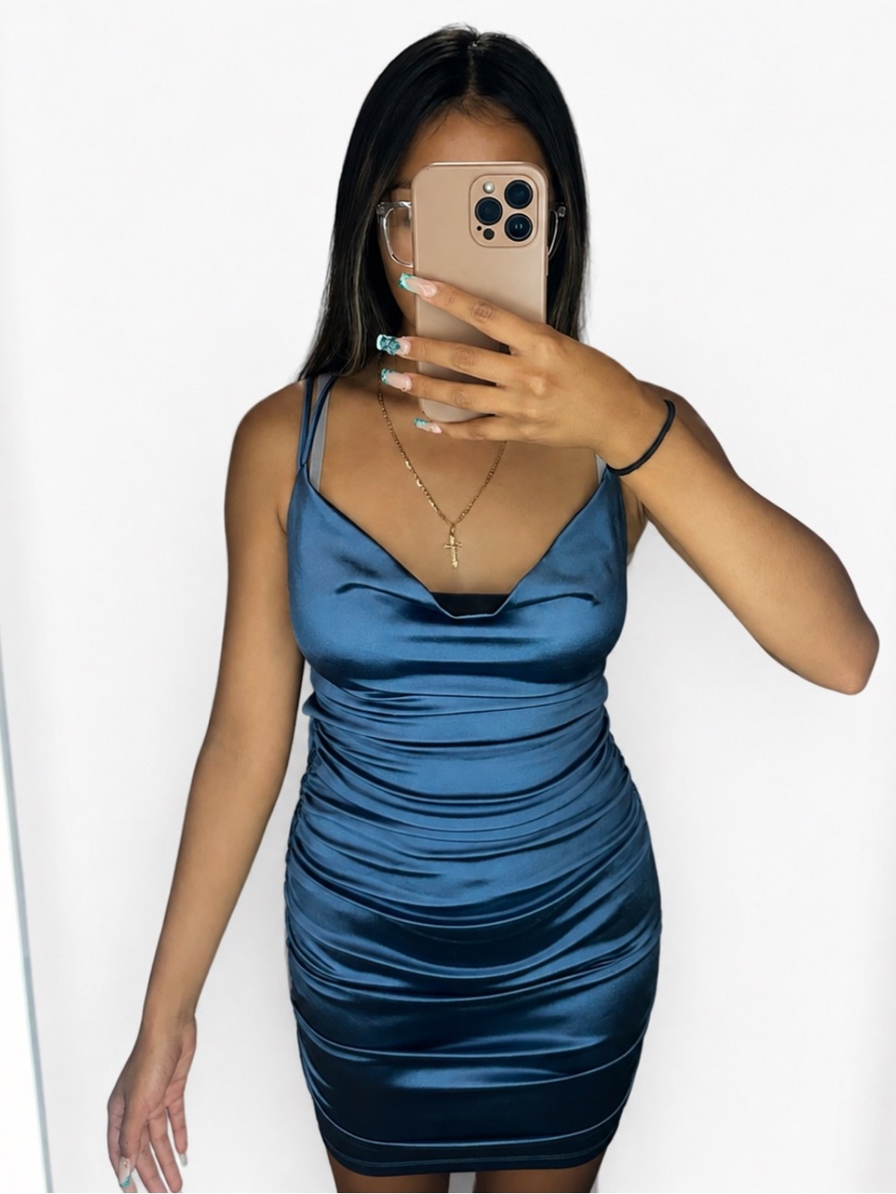 Windsor Satin Cowl Neck Mini Dress in Navy Blue